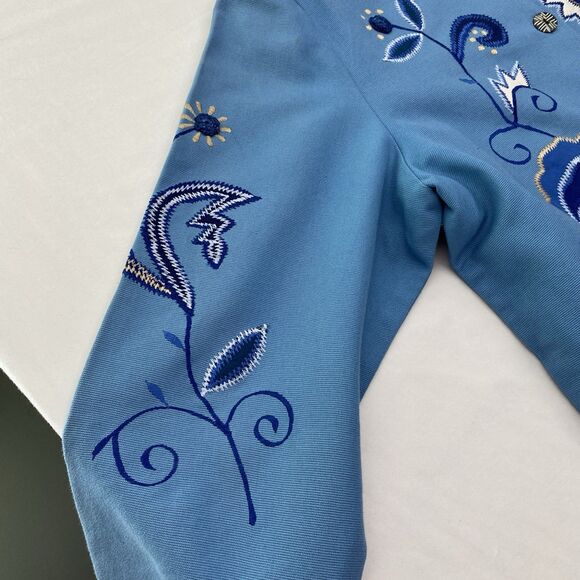 Indigo Moon Jacket Womens 2X Blue Embroidered Flowers Button Front Wearable Art - Picture 5 of 16